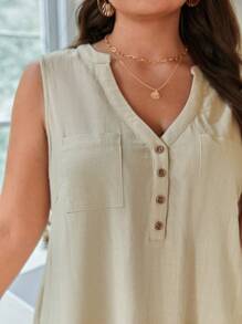 SHEIN Frenchy Plus Half Button Patched Pocket Top - Khaki - View 2