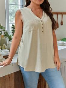 SHEIN Frenchy Plus Half Button Patched Pocket Top - Khaki - View 5