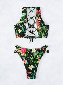 Bộ bikini buộc dây lưng họa tiết nhiệt đới, cho kỳ nghỉ hè ở bãi biển - Nhiều màu - Xem 4