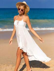 Swim Vcay 前繫帶荷葉邊抹文胸衫洋裝 - 白色 - 查看 3