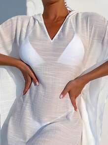 Vestido cover up ribete con fleco de manga murciélago con capucha sin bikini - Blanco - Ver 3