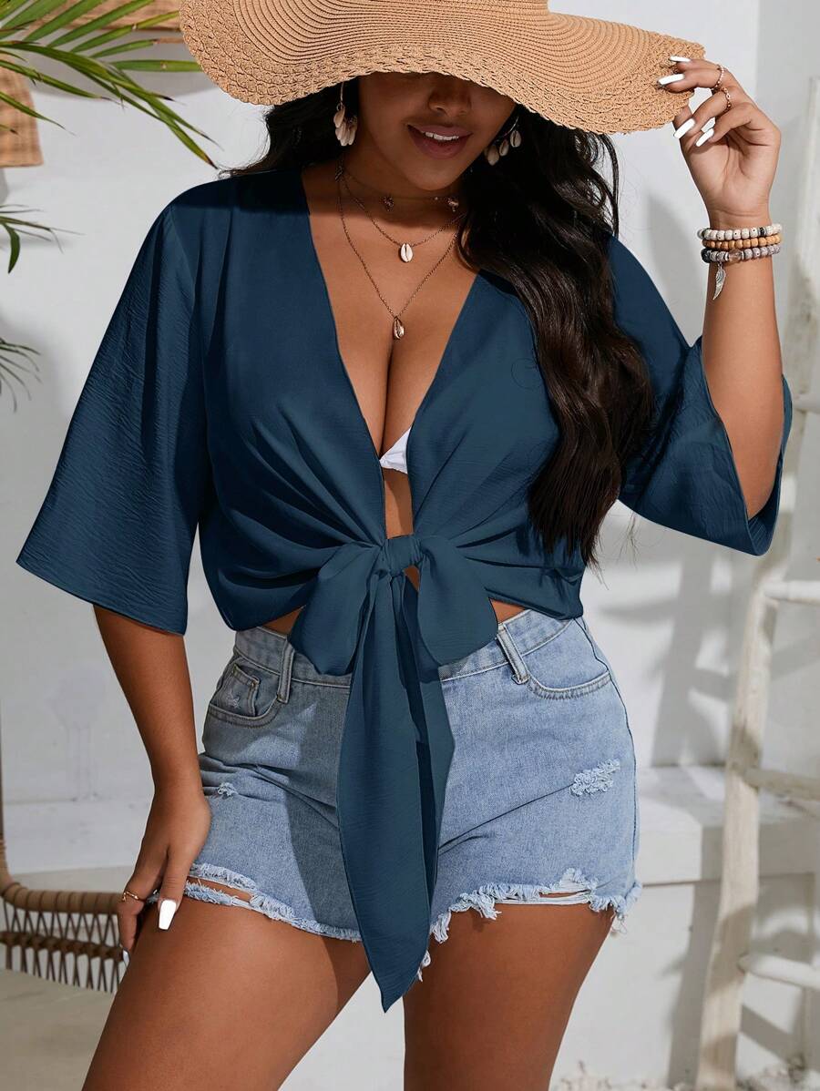 SHEIN Swim Curve Plus Solid Tie Front Kimono - Navy Blue - View 1