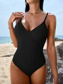 Swim Vcay Summer Beach Solid Underwire Cami One Piece Swimsuit - Black - View 6
