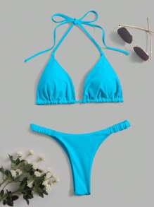 Swim Basics Summer Beach Solid Triangle Halter Bikini Set, Vacation Bikini - Mint Blue - View 5