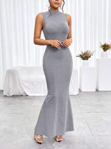 SHEIN Privé 小高領魚尾裙下擺洋裝 - 灰色 - 查看 5