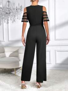 SHEIN Privé 網紗拼接挖肩腰帶連身褲 - 黑色 - 查看 5