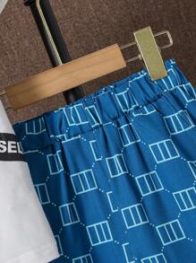 SHEIN 男孩包和字母圖案T恤和短褲 - 藍白色 - 查看 6