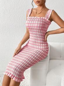 Aveloria Plaid Print Ruffle Hem Cami Dress