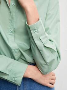 BizChic Áo sơ mi công sở tay dài viền cong cotton trơn - Màu xanh Bạc hà - Xem 4