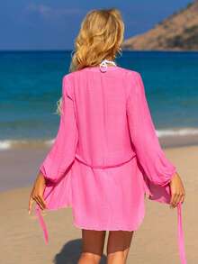 Solid Button Front Kimono - Hot Pink - View 2