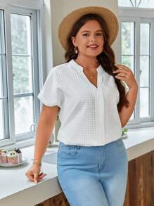 SHEIN Frenchy Plus Notched Neckline Batwing Sleeve Blouse - White - View 6