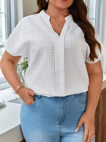 SHEIN Frenchy Plus Notched Neckline Batwing Sleeve Blouse - White - View 2