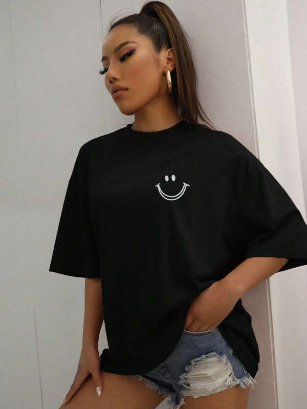 Flirla Cartoon Graphic Drop Shoulder Tee Graphic Tees Women Tops