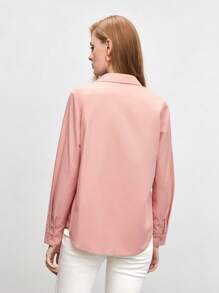 SHEIN BIZwear 棉质纯色纽扣前襟衬衫工作服长袖 - 淺粉色 - 查看 2