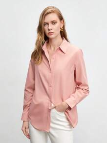 SHEIN BIZwear 棉质纯色纽扣前襟衬衫工作服长袖 - 淺粉色 - 查看 5