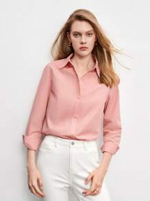 SHEIN BIZwear 棉质纯色纽扣前襟衬衫工作服长袖 - 淺粉色 - 查看 6
