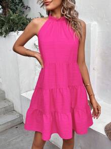 Breezaya Ruffle Hem Halter Neck Dress - Hot Pink - View 5