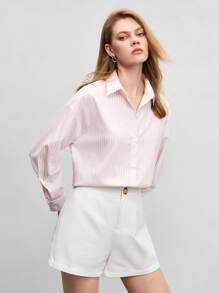 BizChic 条纹印花落肩衬衫工作服长袖 - 淺粉色 - 查看 4