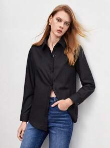 BizChic Blouse à manches longues et boutons noire en coton unicolore, ample et décontractée, chemise de bureau élégante pour femmes