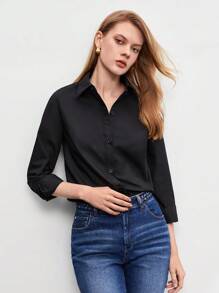 BizChic Blouse à manches longues et boutons noire en coton unicolore, ample et décontractée, chemise de bureau élégante pour femmes