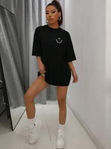 SHEIN Unity Cartoon Graphic Drop Shoulder Tee Graphic Tees Women Tops - Black - View 4