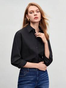 BizChic Blouse à manches longues et boutons noire en coton unicolore, ample et décontractée, chemise de bureau élégante pour femmes
