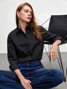 BizChic Blouse à manches longues et boutons noire en coton unicolore, ample et décontractée, chemise de bureau élégante pour femmes
