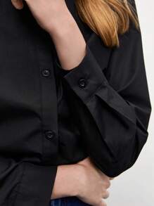 BizChic Blouse à manches longues et boutons noire en coton unicolore, ample et décontractée, chemise de bureau élégante pour femmes