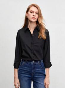 BizChic Blouse à manches longues et boutons noire en coton unicolore, ample et décontractée, chemise de bureau élégante pour femmes