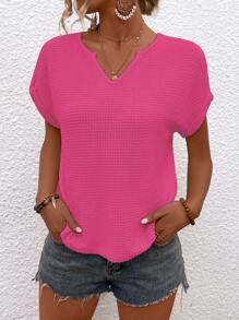 SHEIN LUNE 缺口領蝙蝠袖華夫格編織T恤 - 玫紅色 - 查看 4