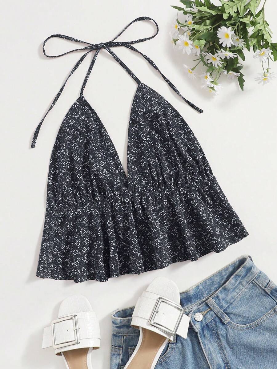 SHEIN VCAY Ditsy Floral Print Tie Backless Halter Top - Black and White - View 1