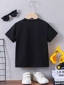 SHEIN Young Boy Casual Short Sleeve Excavator & Construction Vehicle Print Crewneck T-shirt, Cute And Comfortable For Streetwear, Spring/summer - Black - View 2
