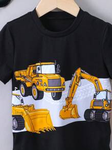 SHEIN Young Boy Casual Short Sleeve Excavator & Construction Vehicle Print Crewneck T-shirt, Cute And Comfortable For Streetwear, Spring/summer - Black - View 3