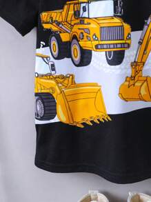 SHEIN Young Boy Casual Short Sleeve Excavator & Construction Vehicle Print Crewneck T-shirt, Cute And Comfortable For Streetwear, Spring/summer - Black - View 5