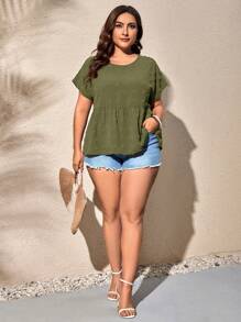 SHEIN LUNE Plus Swiss Dot Button Back Peplum Blouse - Army Green - View 4