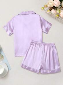 Girls Slogan Graphic Contrast Piping Satin PJ Set - Mauve Purple - View 2