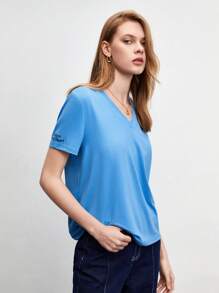 BizChic Thêu Khẩu hiệu Cổ chữ V Áo thun Trang phục làm việc - Màu xanh lam - Xem 9