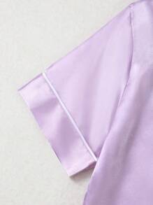 Girls Slogan Graphic Contrast Piping Satin PJ Set - Mauve Purple - View 4