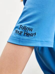 BizChic Thêu Khẩu hiệu Cổ chữ V Áo thun Trang phục làm việc - Màu xanh lam - Xem 3