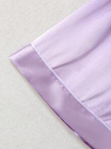 Girls Slogan Graphic Contrast Piping Satin PJ Set - Mauve Purple - View 5