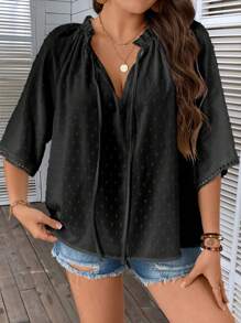 SHEIN LUNE Plus Swiss Dot Tie Neck Blouse