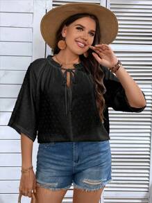 SHEIN LUNE Plus Swiss Dot Tie Neck Blouse
