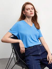 BizChic Thêu Khẩu hiệu Cổ chữ V Áo thun Trang phục làm việc - Màu xanh lam - Xem 10