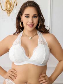 Plus Heart Lace Halter Bralet - White - View 3