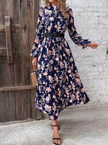 SHEIN LUNE Đầm Maxi Tay Lửng In Hoa Không Thắt Lưng Cho Nữ - Màu xanh hải quân - Xem 1