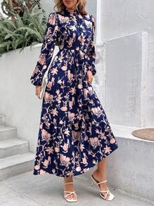 SHEIN LUNE Đầm Maxi Tay Lửng In Hoa Không Thắt Lưng Cho Nữ - Màu xanh hải quân - Xem 4