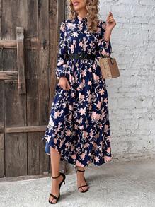 SHEIN LUNE Đầm Maxi Tay Lửng In Hoa Không Thắt Lưng Cho Nữ - Màu xanh hải quân - Xem 5