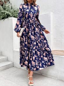 SHEIN LUNE Đầm Maxi Tay Lửng In Hoa Không Thắt Lưng Cho Nữ - Màu xanh hải quân - Xem 6