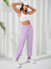 SHEIN Daily&Casual Solid Elastic Waist Sports Trousers - Lilac Purple - View 4