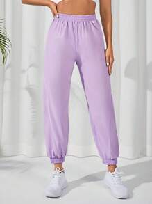 SHEIN Daily&Casual Solid Elastic Waist Sports Trousers - Lilac Purple - View 5